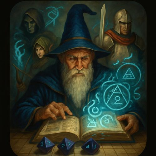 Imagen d eun mago leyendo un libro de donde salen símbolos de mágia